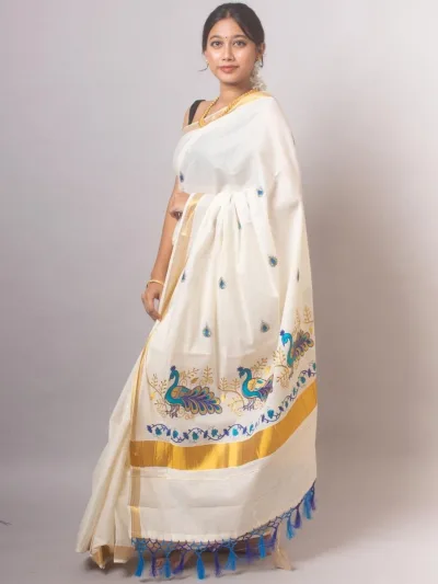 Peacock Mural Print Kerala Cotton Saree